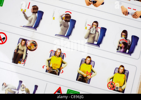 Nahaufnahme einer Airline-Sicherheit-Karte zeigt, wie die Sauerstoffmasken und Rettungsweste benutzen Stockfoto