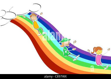 Illustration der Kinder gleiten auf Regenbogen Stockfoto