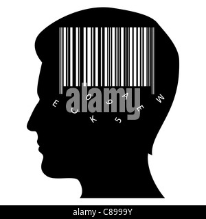 Abbildung des Mannes Geistes mit Barcode auf weißem Hintergrund Stockfoto