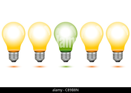 Abbildung der globalen Erwärmung mit Glühbirnen auf weißem Hintergrund Stockfoto