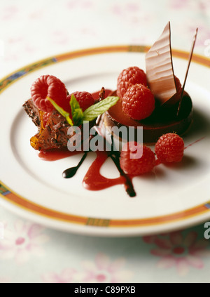 Zinn Gebäck Schoko-Tarte mit Himbeeren und Beaujolais-sauce Stockfoto
