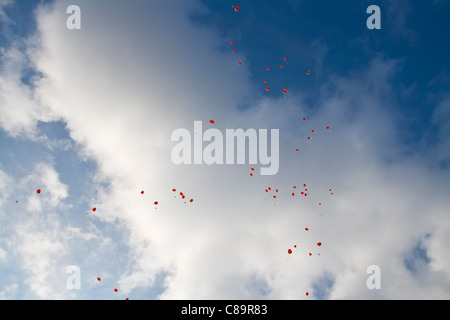 Deutschland, rotes Herz Form Luftballons mit Botschaften im Himmel Stockfoto