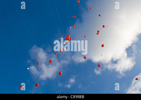 Deutschland, rotes Herz Form Luftballons mit Botschaften im Himmel Stockfoto