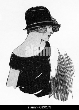 Mode-Illustration, ca. 1922. Kleine schwarze Panne samt Hut mit Silberband und Blumen getrimmt. Stockfoto