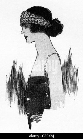 Mode-Illustration, ca. 1922. Breites Bandeau von kleinen rosa Rosen gemacht... Stockfoto