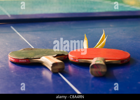 Zwei Tischtennis-Schläger, die rote Linie und die schwarze, blaue Tischtennis und ein gelbes Herbst Blatt. NET im Hintergrund Stockfoto