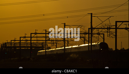 Jungfrau-Züge Pendolino-Zug fängt die Sonne glitzern der späten Abendsonne, Huddlesford, Lichfield, Staffordshire, England. Stockfoto