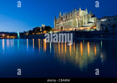 Palma Kathedrale La Seu in der Nacht mit der Almudaina Palast Parc de La Mar-Palma de Mallorca Balearen Spanien Stockfoto