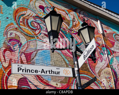 Bunte Wandgemälde auf Prinz Arthur Street im Viertel Le Plateau-Mont-Royal in Montreal Stockfoto