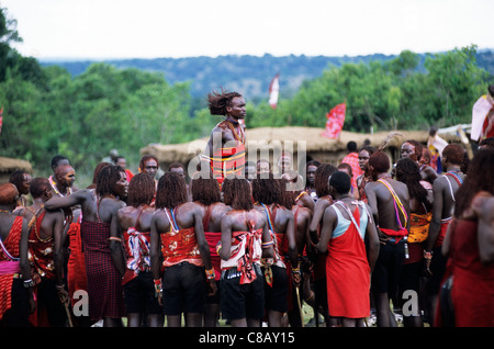 Lolgorian, Kenia. Eunoto kommen der Alter Zeremonie; Moran Maasai Krieger dabei ihre traditionellen Ipid springen tanzen. Stockfoto