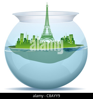 Abbildung des Turms im Topf mit Wasser auf weißem Hintergrund Stockfoto