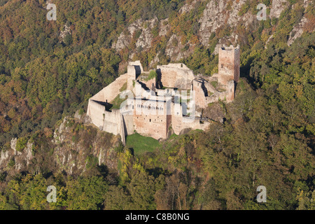 LUFTAUFNAHME. Ruinen der Burg Saint-Ulrich auf den Vogesen. Ribeauvillé, Haut-Rhin, Elsass, Grand Est, Frankreich. Stockfoto