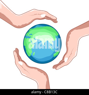 Abbildung der Erde mit den Händen auf weißem Hintergrund zu retten Stockfoto
