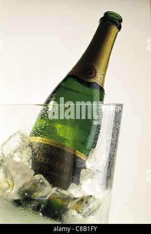 Flasche Champagner auf Eis Eimer Stockfoto