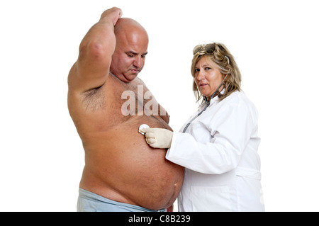 Großen männlichen Patienten mit dicken Bauch und Arzt Stockfoto