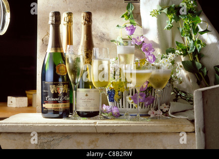 Flasche und Glas Sekt Stockfoto