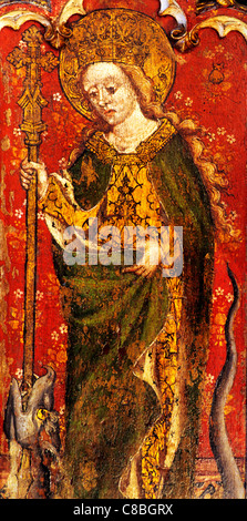 Filby, Norfolk, Lettner, Heiligen St. Margarete von Antiochia mit Bischofsstab und Drachen, weiblichen Heiligen englischen mittelalterlichen Bildschirme Stockfoto