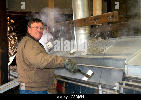 Arbeiter Kochen Ahorn Sap in einer Zuckerhütte am See Odessa, Michigan, USA. Stockfoto