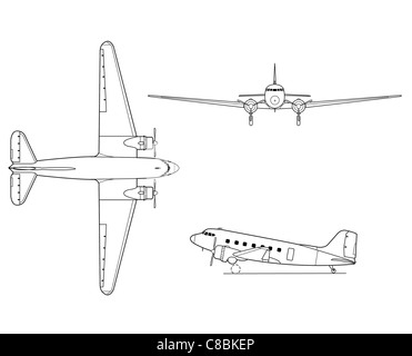 Diese Zeichnung mit drei Ansichten zeigt den C-47/R4D Skytrain, ein militärisches Transportflugzeug, das während des Zweiten Weltkriegs für Flugbetrieb und Logistik weit verbreitet war. Stockfoto