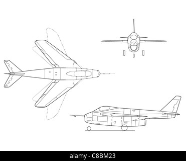 Diese Zeichnung mit drei Ansichten zeigt das Design des X-53, einer modifizierten Version des F-16 Kampffalken, der für Forschung und Entwicklung in der Luft- und Raumfahrt verwendet wird. Es zeigt das Flugzeug von oben, von der Seite und von vorne. Stockfoto