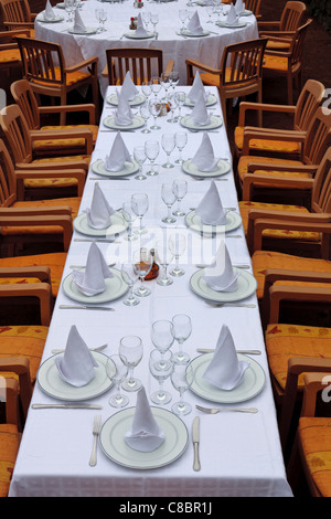 Langer Tisch angelegt mit Weingläsern, Servietten, Teller und Besteck bereit für eine Mahlzeit. Stockfoto