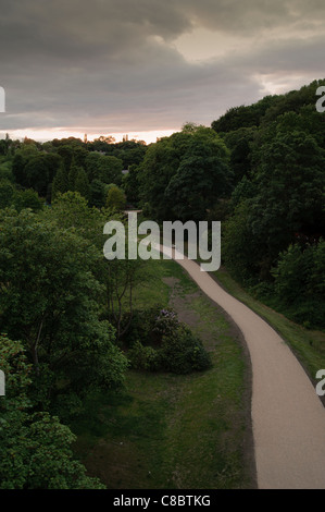 Die Sonne an einem bewölkten Abend über Jesmond Dene in Newcastle Upon Tyne, England. Foto von der Armstrong-Brücke. Stockfoto