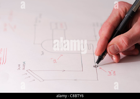 Ein Ingenieur verleiht den letzten Schliff einen Schaltplan für ein solar-thermische Warmwasser-System. Stockfoto