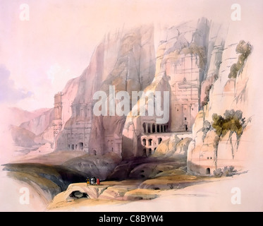 Villen ausgegraben von Petra, 1839, Gesamtansicht der Fassaden mehrere Gräber aus Felsen, Petra, Jordanien geschnitten. Stockfoto