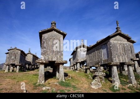 Typische Stein Mais Trockner, Spalieren in Lindoso Norden Portugals genannt. Stockfoto