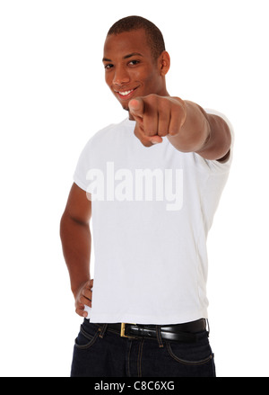 Attraktive schwarze Mann Punkte mit Finger. Alle auf weißem Hintergrund. Stockfoto