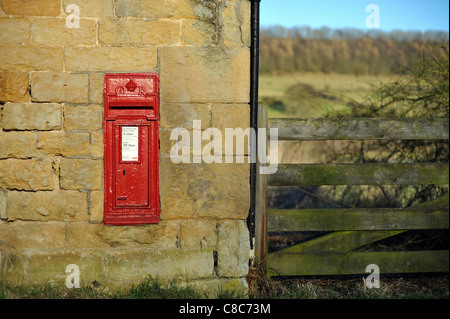 © Tony Bartholomew - späten Nachmittag Licht auf eine Steinmauer und roten Briefkasten Schraubenschlüssel Grün in der Nähe von Scarborough, North Yorkshire. Stockfoto