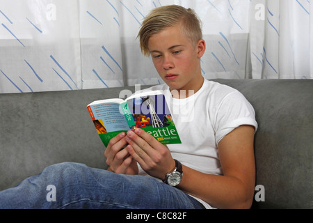 Entspannt, Männlich, dänische Teenager lesen The Rough Guide to Seattle um einen Besuch in die Vereinigten Staaten vorzubereiten Stockfoto