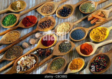 Seletion von Gewürzen in Holzlöffel Stockfoto