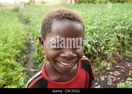 Schuljunge steht in einem pflanzlichen Feld in Mongu, Sambia, Südafrika. Stockfoto