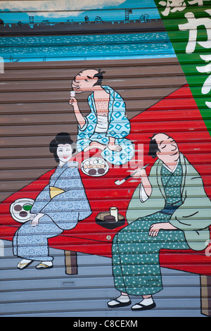 Japan, Tokio, Asakusa, Ukiyo-e-Stil-Kunstwerk auf Shop Fensterläden Stockfoto