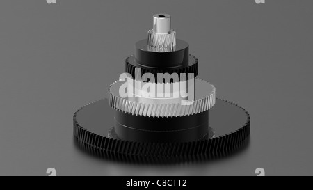 Turm von Chrom und schwarz verchromt Zahnräder, 3d Rendering eines Zahnrades auf schwarz Stockfoto