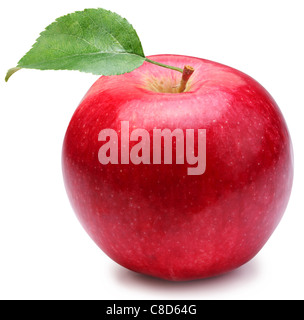 Roter Apfel mit Blatt auf einem weißen Hintergrund. Stockfoto