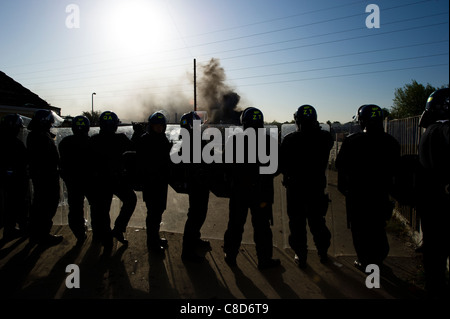 Eine Reihe von Riot Polizei Offiziere mit ihren Schilden bilden einen Kordon auf der anderen Straßenseite auf einer Zigeuner-Website während einer Zwangsräumung. Stockfoto