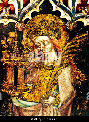 Filby, Norfolk, Lettner. St. Barbara mit Burg Turm und Palm Zweig weibliche Heilige der Heiligen englischen mittelalterlichen Bildschirme Stockfoto