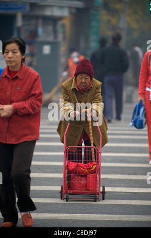 Eine alte Frau rollt einen Wagen in einer Straße in Peking, China. 20. Oktober 2011 Stockfoto