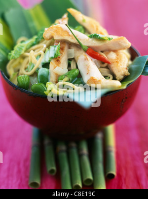 Gebratenes Huhn und Kohl, Nudeln mit Kokos Milch Soße Stockfoto