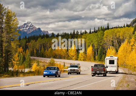 Verkehr entlang des Icefields Parkway in Herbst-Jasper Nationalpark, Alberta, Kanada. Stockfoto