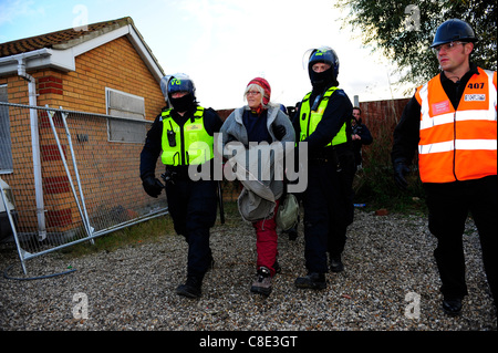 Vertreibung der Bewohner weiter ohne Unterlaß für den zweiten Tag am Dale Farm Reisende Standort, Riesenkrabben Hill, in der Nähe von Basildon, Essex, UK, Europa. 20. Oktober 2011 Stockfoto