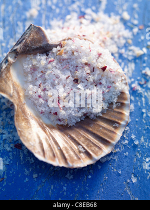 Fleur de Sel Meersalz in einer Jakobsmuschel Stockfoto