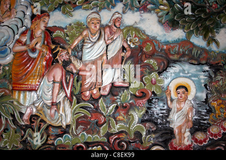 Panel zeigt Buddha Fabeln In Brahmavira Arama buddhistischen Tempel, Bali Stockfoto