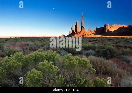 Wüste, Landschaft, Sonnenuntergang, Totempfahl, Navajo, Rock, Indian Reservation, Monument Valley Tribal Park, Arizona, USA, Vereinigte Staaten Stockfoto
