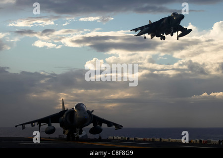 Ein paar von AV-8 b Harrier Flugzeugen mit Marine Angriff Geschwader 214, Marine Medium Hubschrauber Geschwader 265 Stockfoto