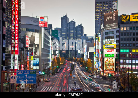 Tokio, City, Japan, November, Asien, Bezirk Shinjuku, Koshukaido Avenue, Straße, Abend, Licht, Beleuchtung, Neonlichter Stockfoto