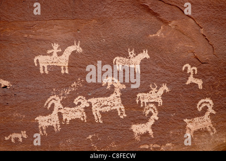 Bighorn Jagd Petroglyph Panels, Arches-Nationalpark, Utah, Vereinigte Staaten von Amerika Stockfoto