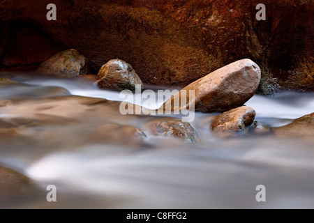 Runde Felsen in der Virgin River in der Nähe von The Narrows, Zion Nationalpark, Utah, Vereinigte Staaten von Amerika Stockfoto